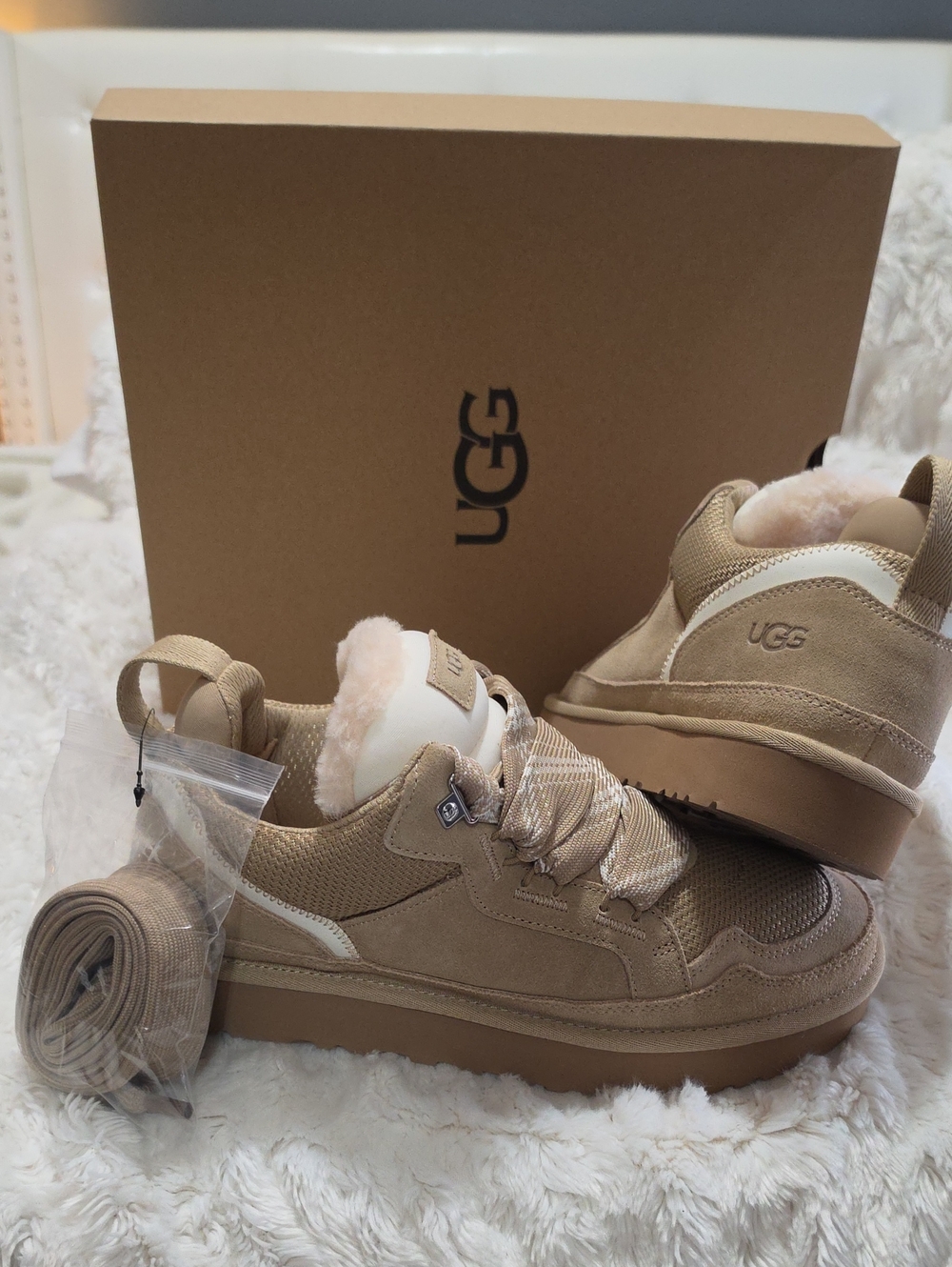 UGG Women's Tan Suede Platform Shearling-Trim Sneakers